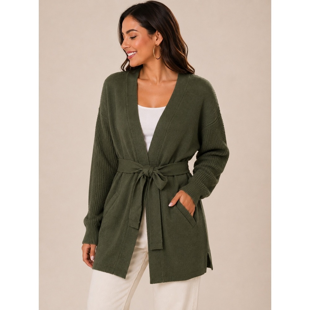 Army Green Knit Long Sleeve Belted Open Front Cardigan Sweater Pockets Medium